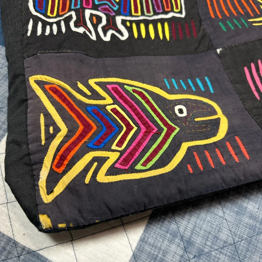 Vintage Mola Applique Tote Bag Handcrafted Folk Art Animal Bird Black Cotton